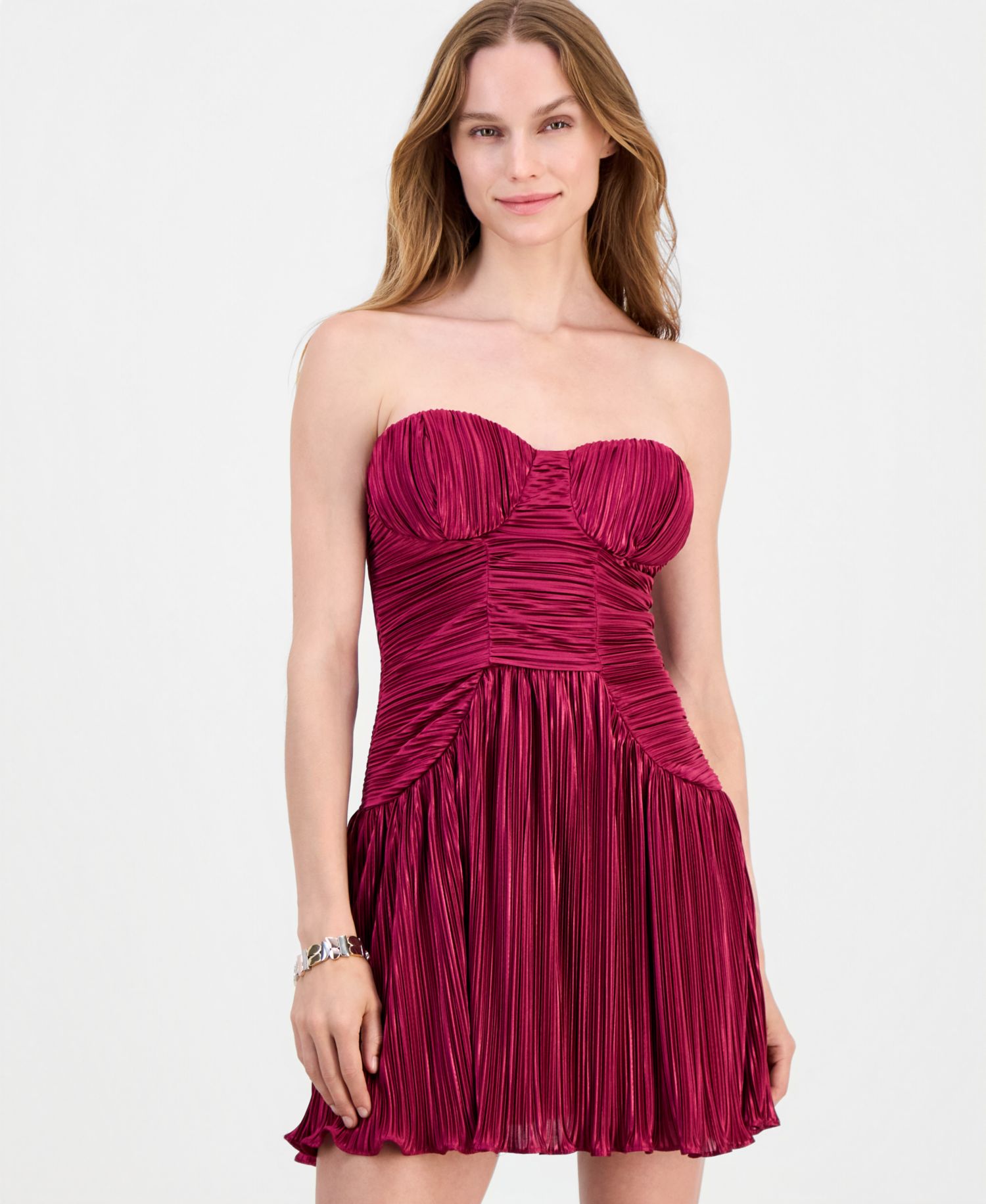 Greeier Pleated Strapless Mini Dress