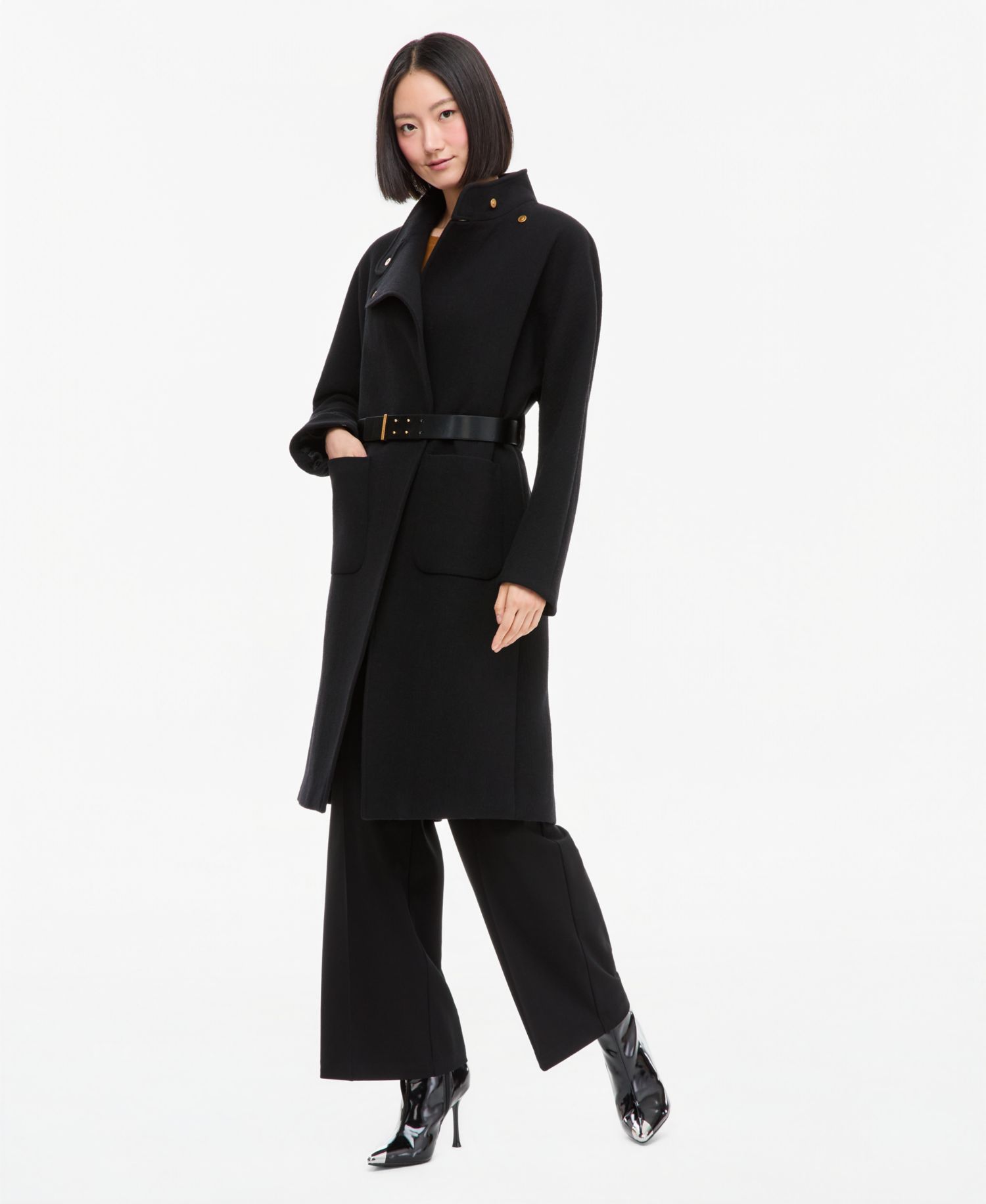 Women's Snap Closure Belted Wool-Blend Coat