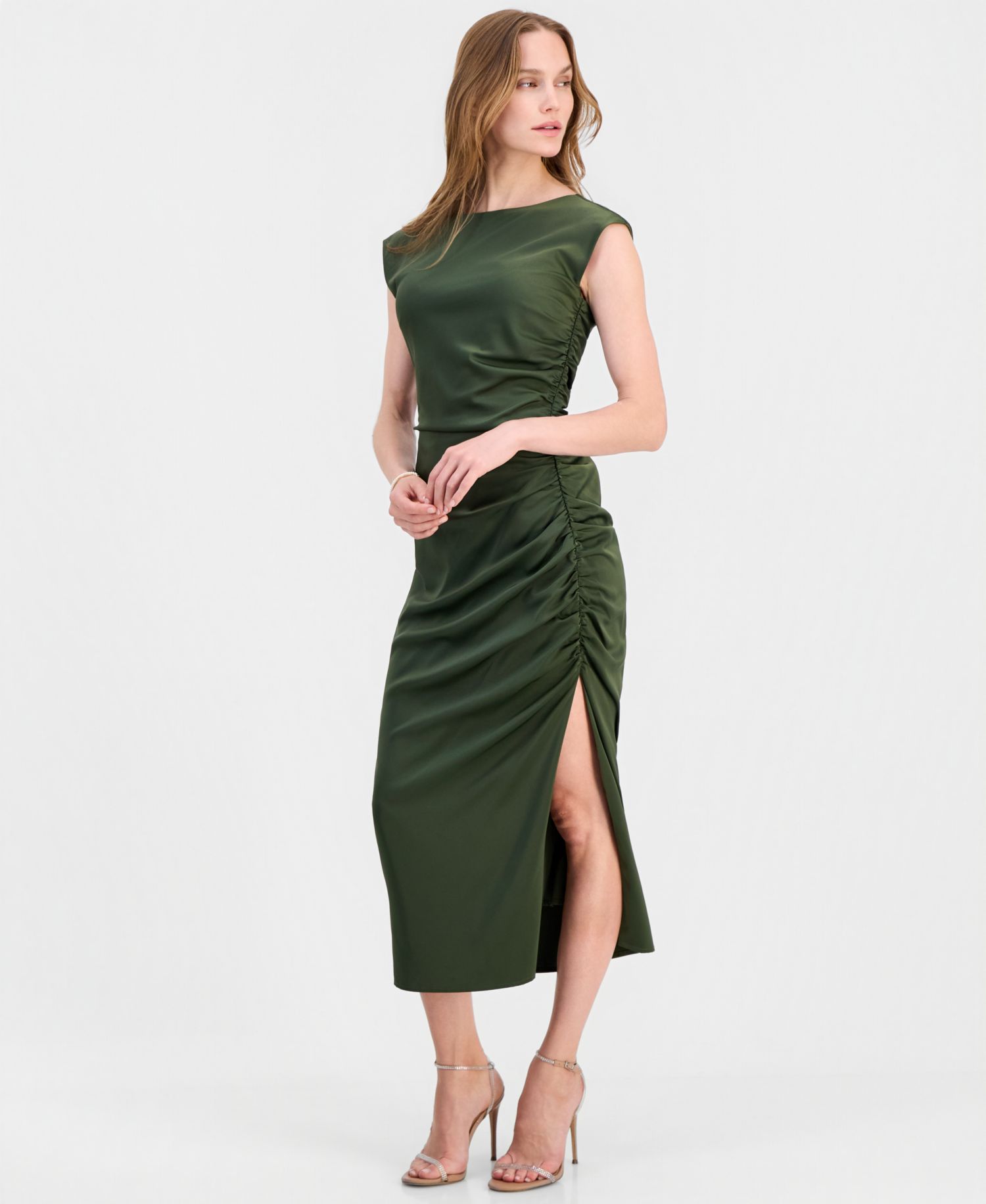 Felicity Ruched Satin Side Slit Midi Dress