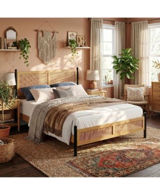 Rattan Platform Bed Frame, Wood Headboard with Black Metal Legs and Under Bed Storage for Bedroom, Noise Free Wooden Slats