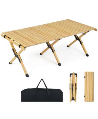Folding Camping Table, Portable Roll-Up Pine Wood Picnic Table with Carry Bag