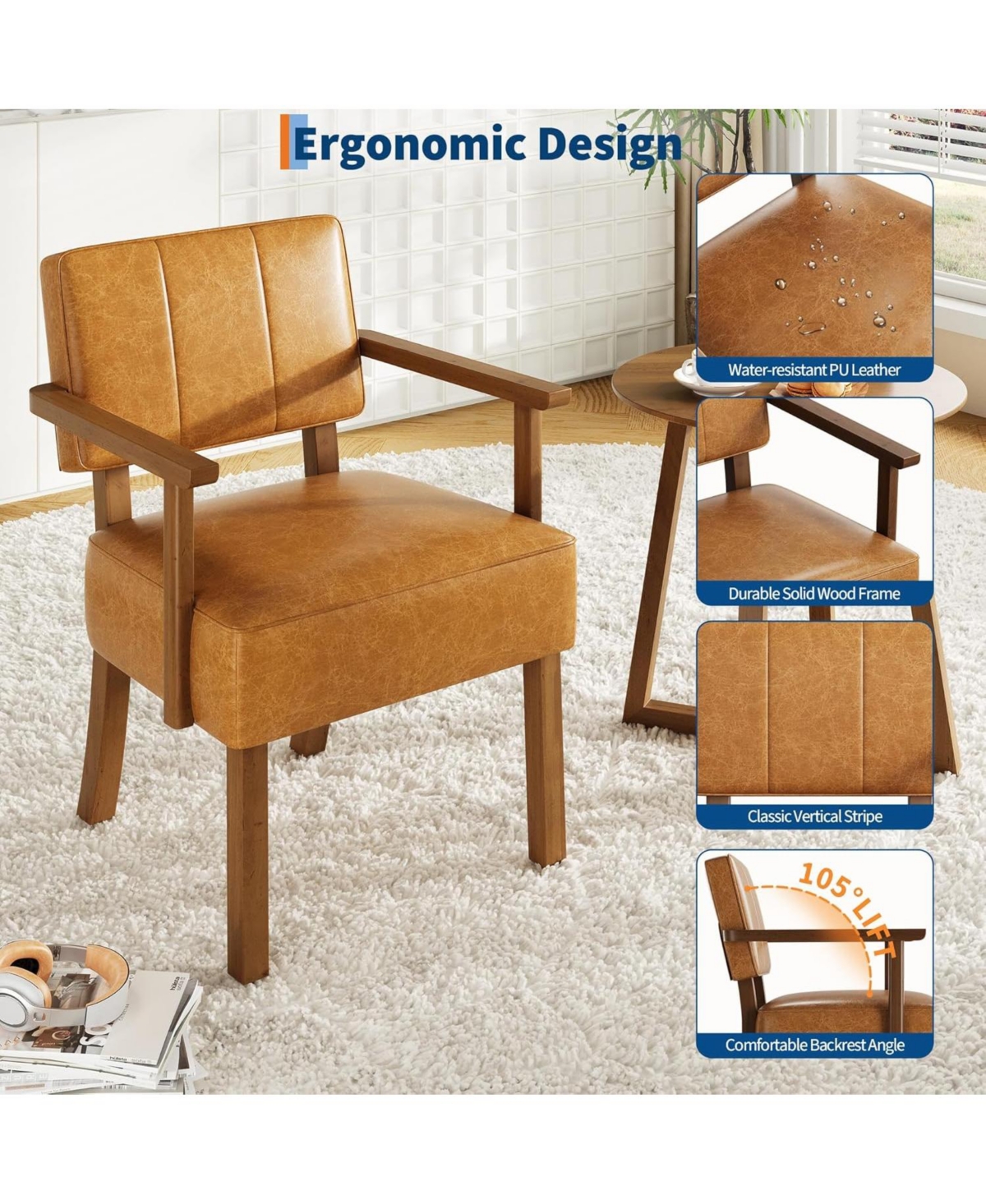 gaomon Mid Century Modern Accent Chair, Retro Faux Leather Armchair with Vertical Tufted Back