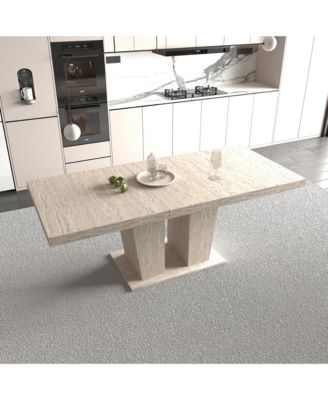 Rectangular extendable dining table, suitable for 6-10 people, with veined travertine pattern, simple and elegant