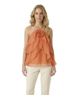 Women's Halter Ruffle Chiffon Floral Applique Top