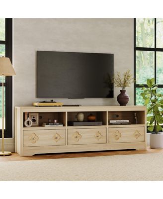 Farmhouse 70" TV Stand for TVs Up to 85" - Mid Century Entertainment Center with Carved Drawer and Open Shelves, TV Console for Living Room