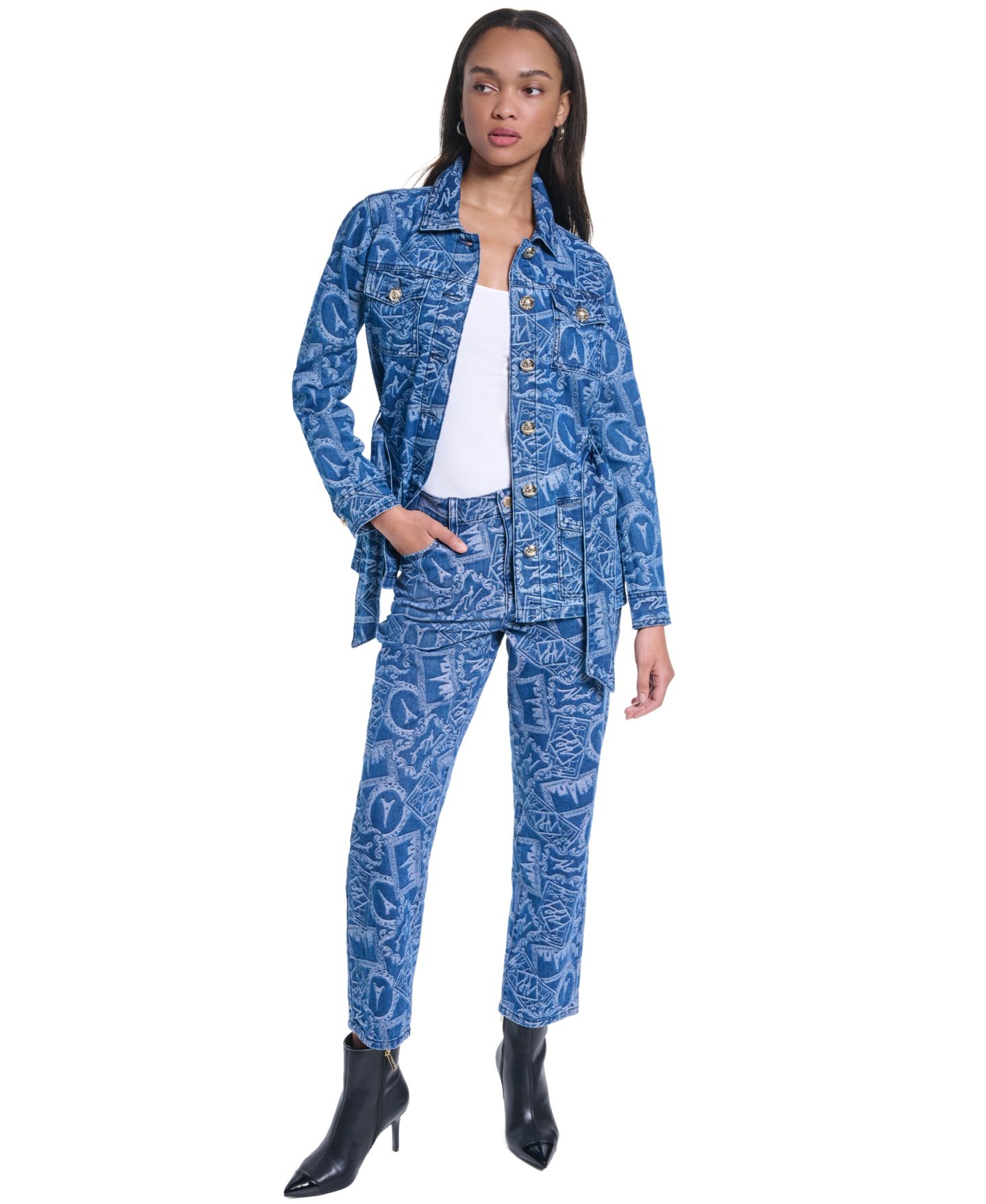 Женская куртка KARL LAGERFELD PARIS All-Over Print Denim Trench, цвет: Средний индиго — фото 2