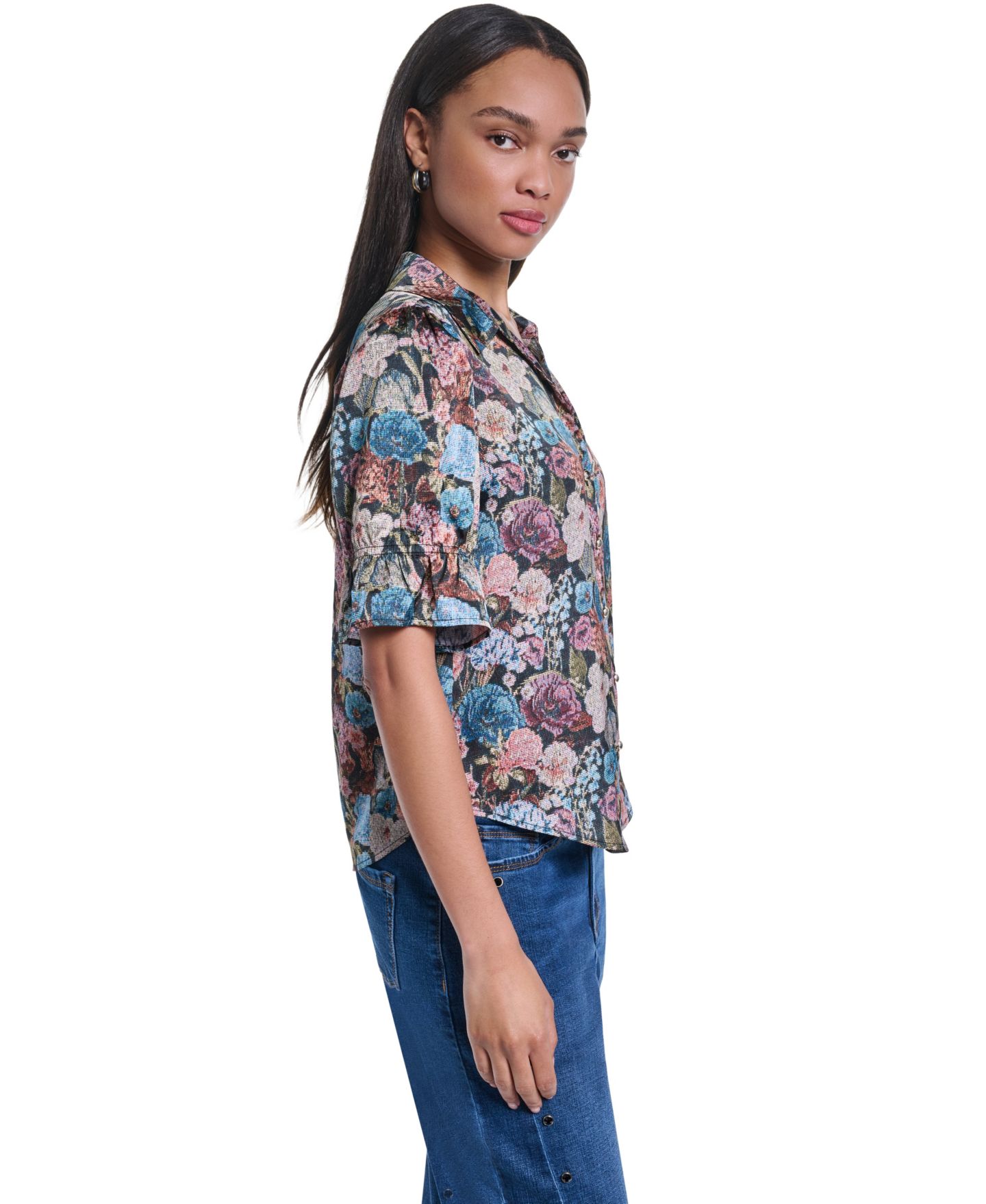 Женская блузка KARL LAGERFELD PARIS Floral Brocade Print 3/4-Sleeve Button-Up Blouse, цвет: Чёрный разноцветный — фото 3