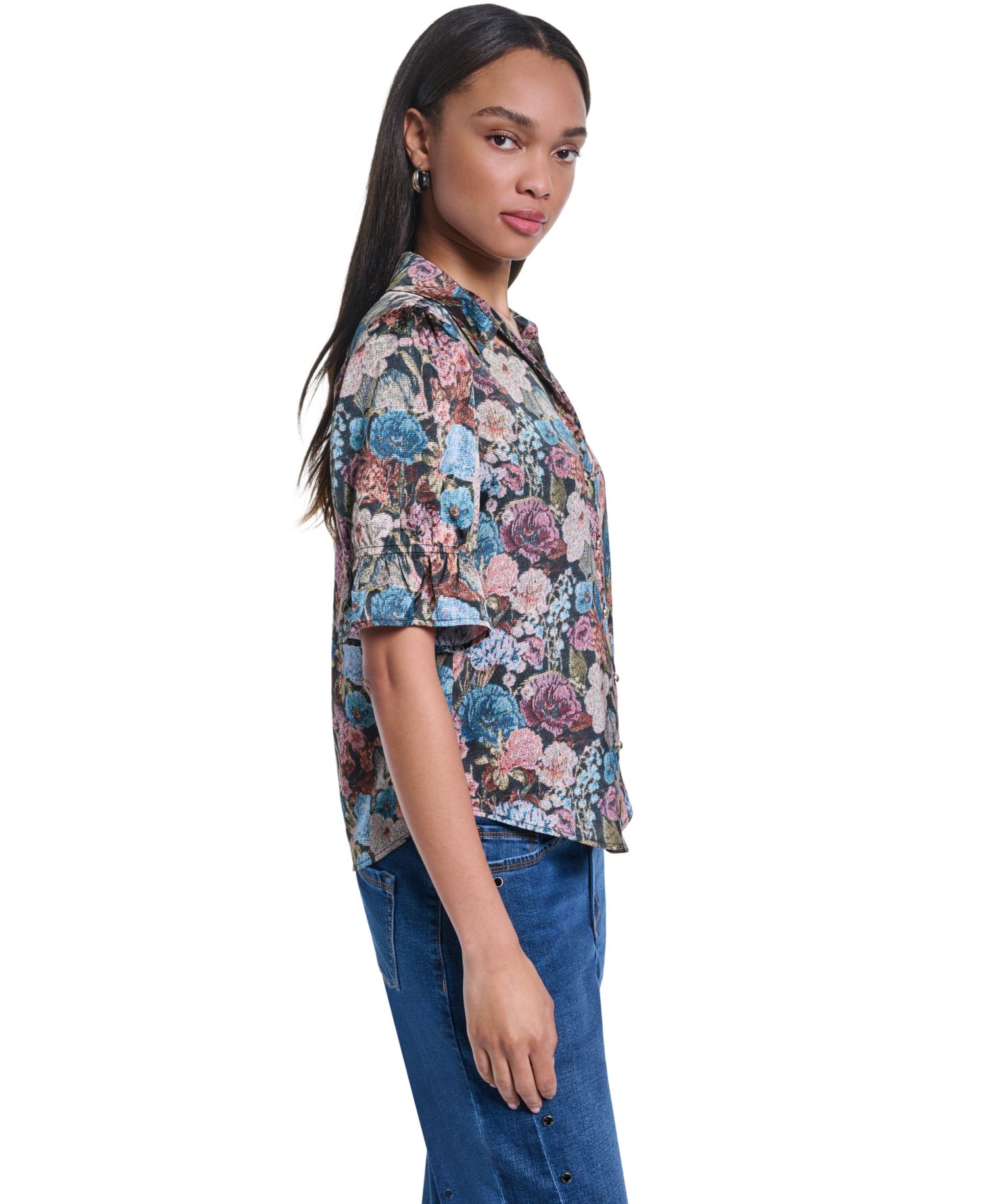 Women's Floral Brocade Print 3/4-Sleeve Button-Up Blouse