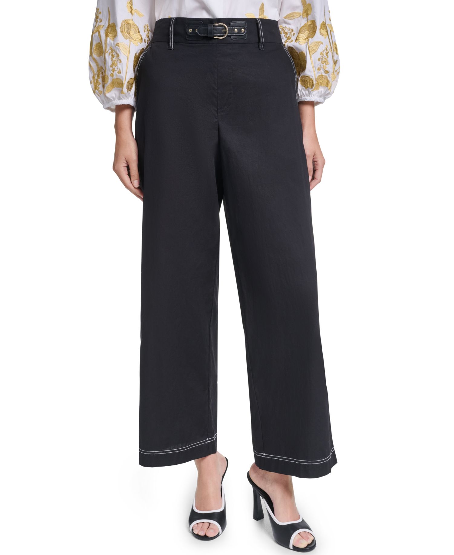 Women’s Fixed Belt Mid-Rise Straight Ankle Pants