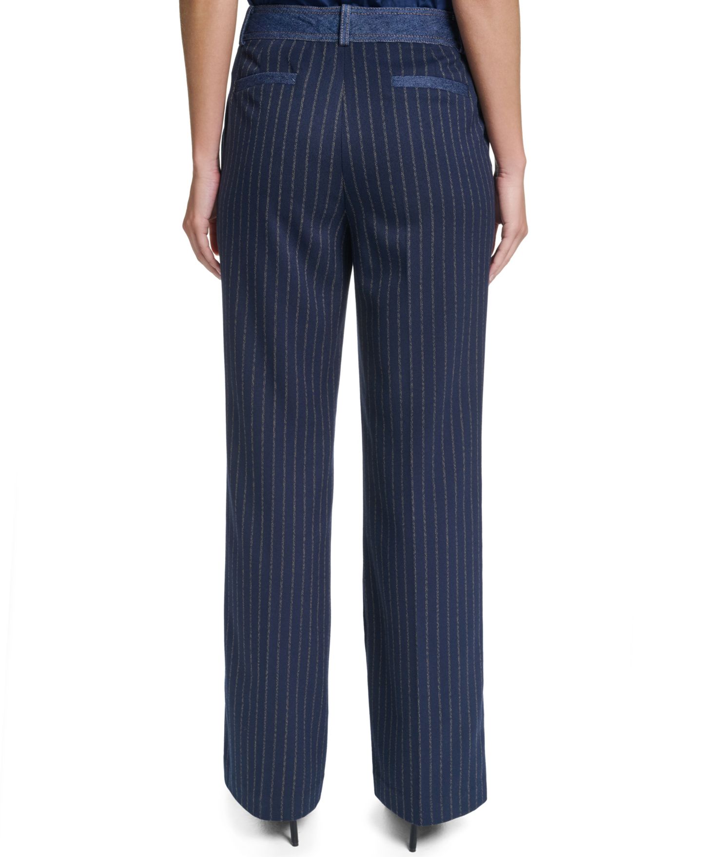 Женские брюки KARL LAGERFELD PARIS Striped Straight-Leg Denim Waistband, цвет: Тёмно-синий / Золотой — фото 4