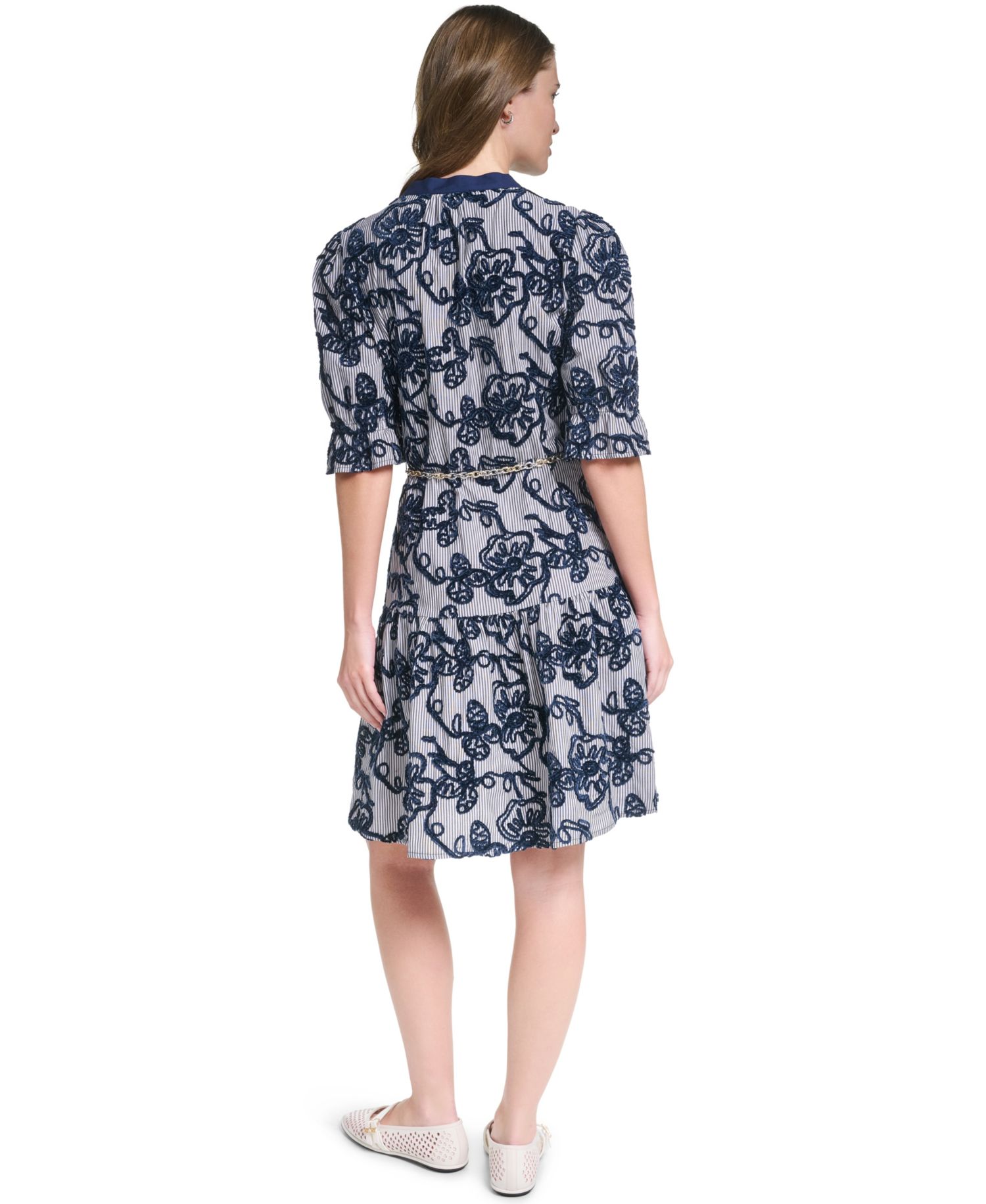 Women's Velvet Embroidery 3/4-Sleeve Chain Belt Dress