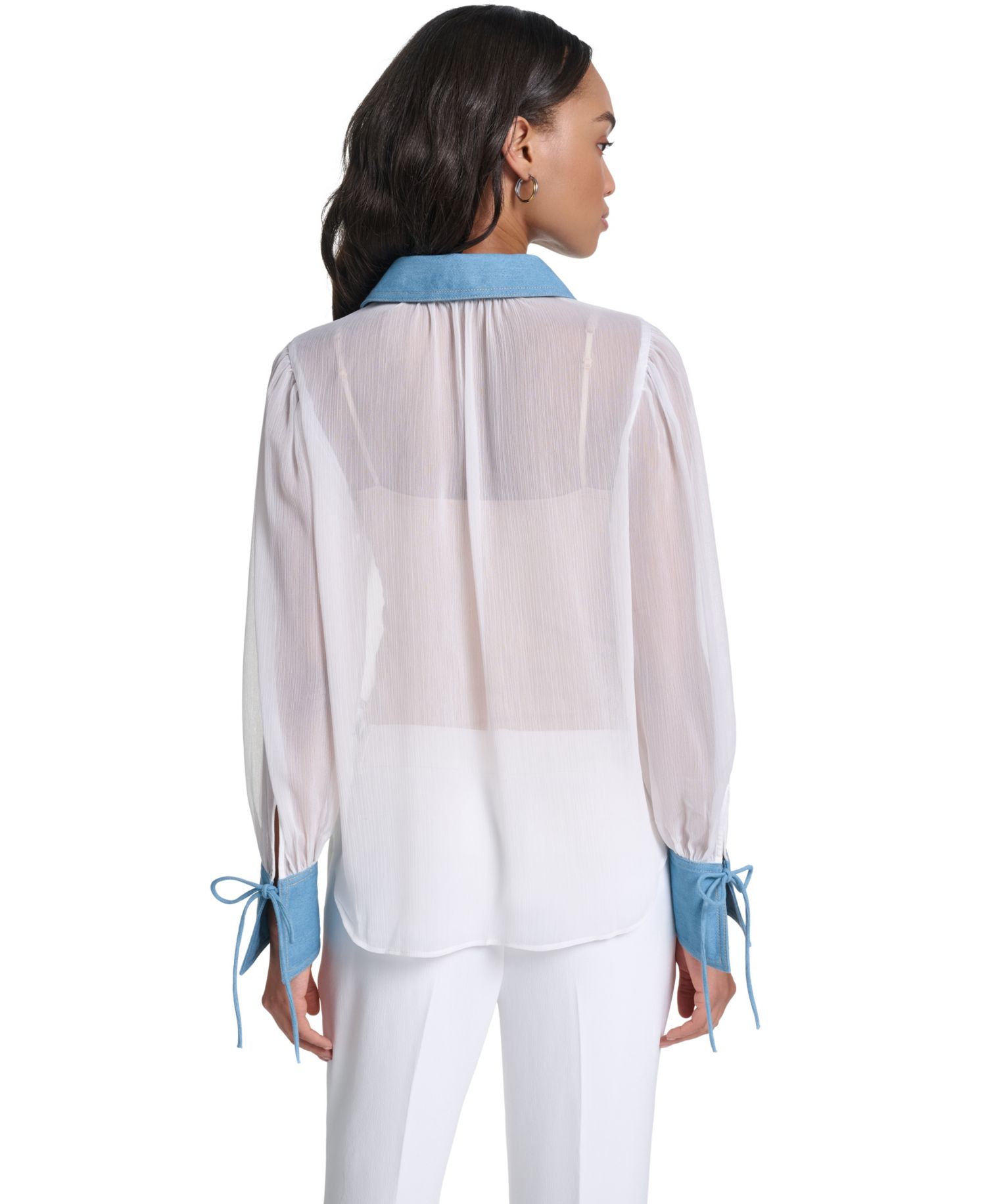 Petite Denim Collar and Cuff Crinkle Chiffon Button-Up Top