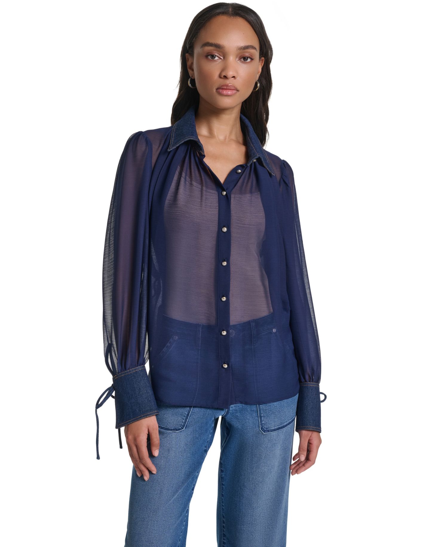 Petite Denim Collar and Cuff Crinkle Chiffon Button-Up Top