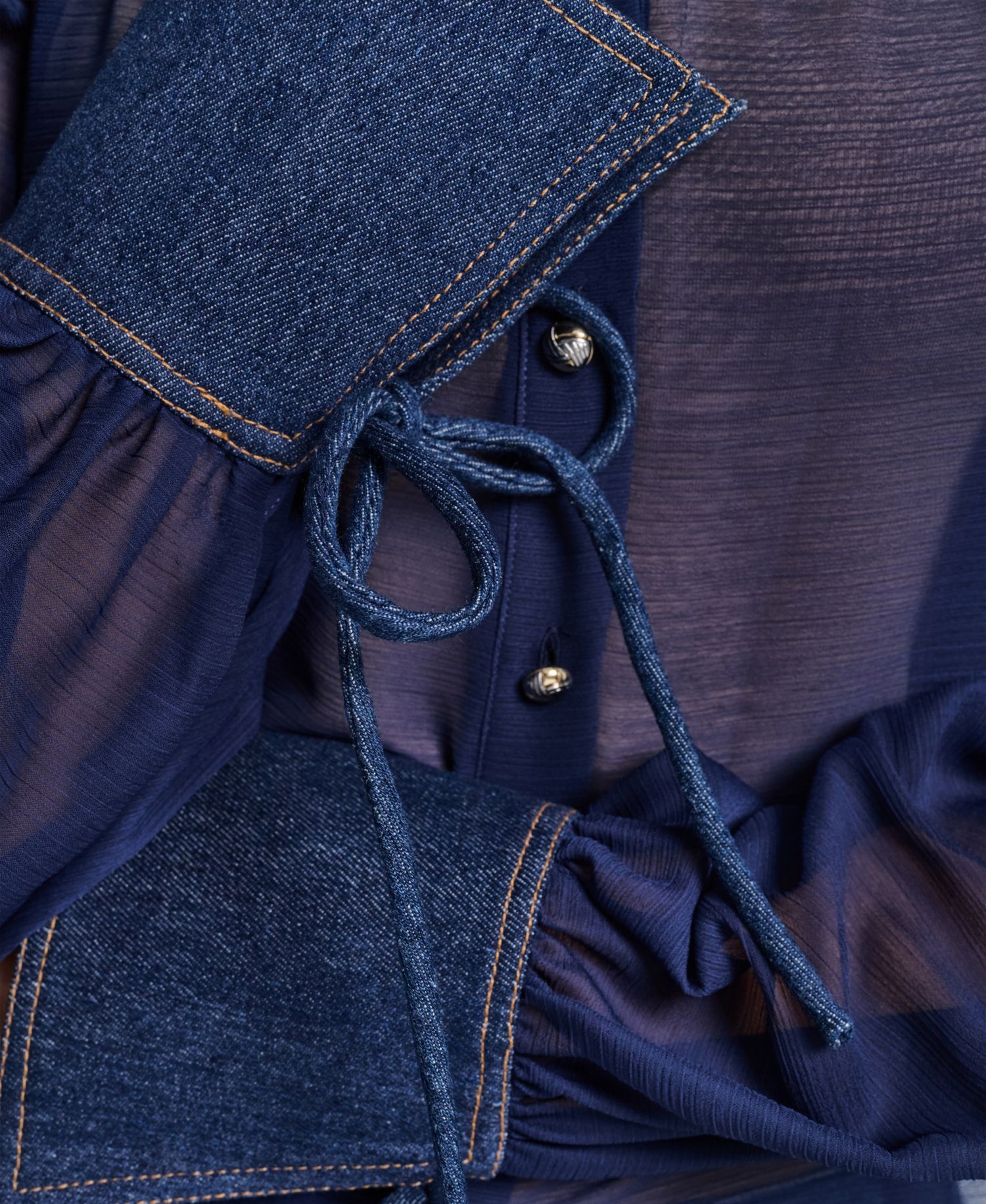 Petite Denim Collar and Cuff Crinkle Chiffon Button-Up Top