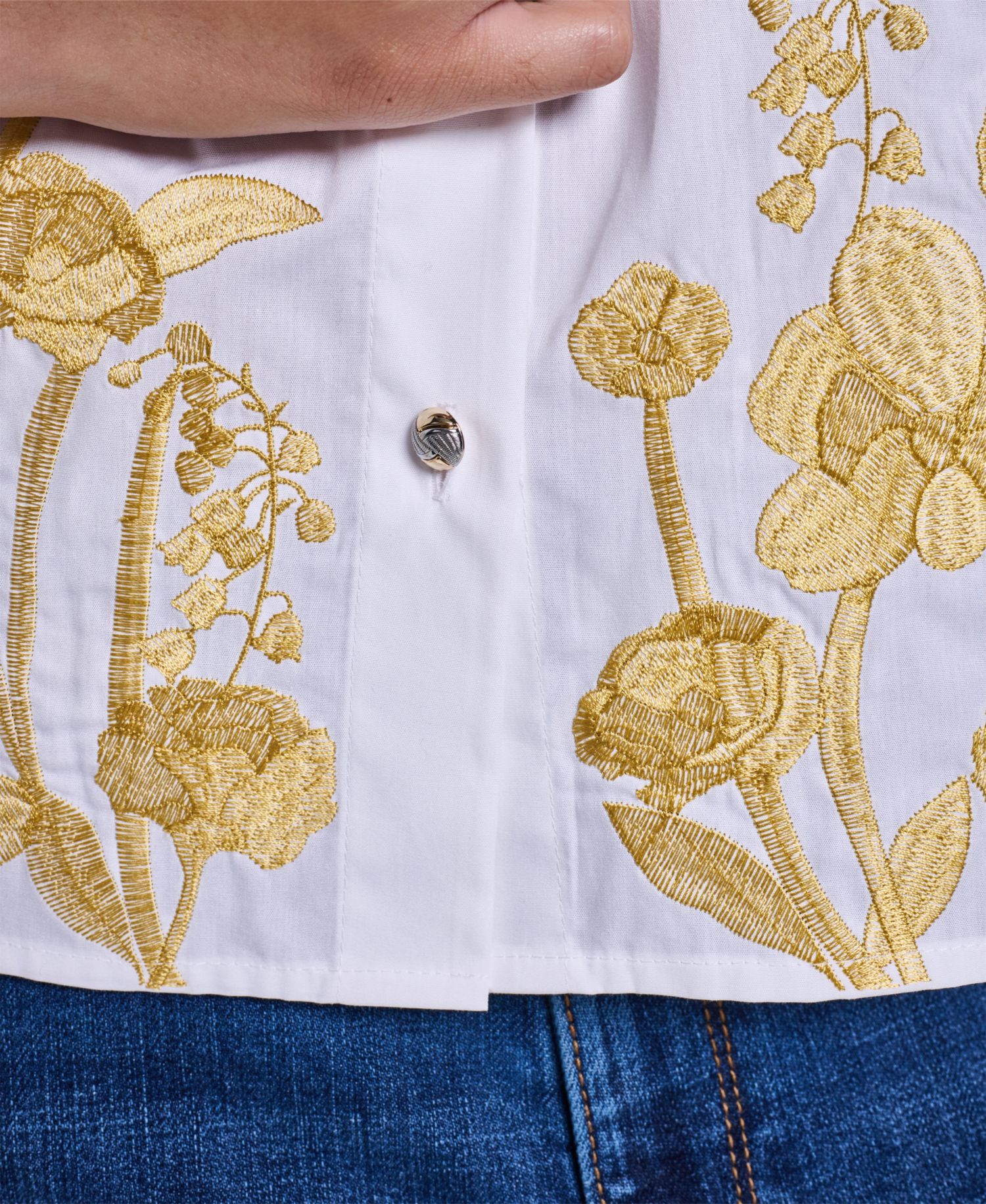 Women's Gold-Tone Embroidery Puff-Sleeve Button-Front Blouse