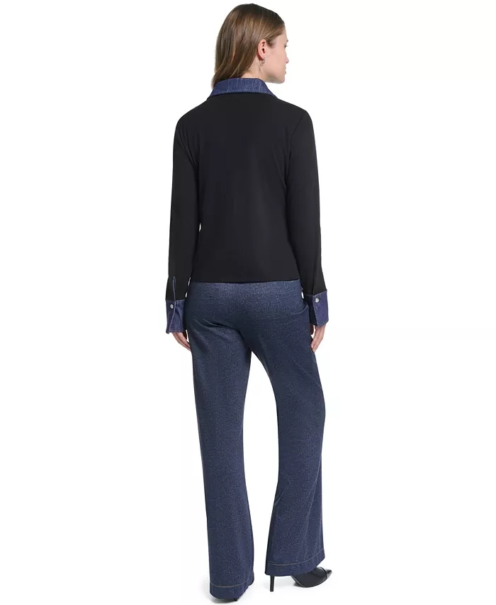 Women's Denim Collar and Cuffs Knit Button-Up Top - thumbnail 5