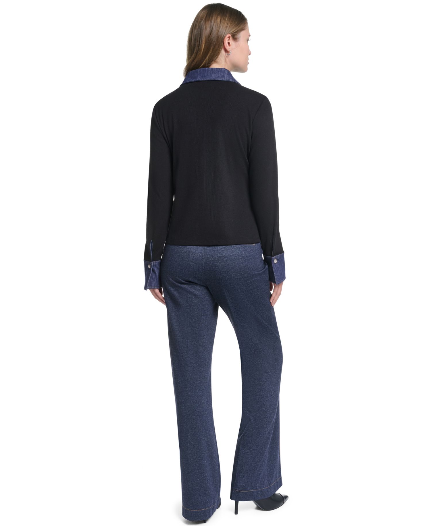 Women's Denim Collar and Cuffs Knit Button-Up Top