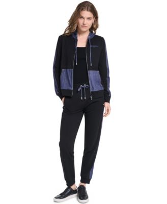 Women's Zip-Up Denim-Contrast Hooded Jacket and Denim Contrast Jogger Pull-On Ankle Pants
