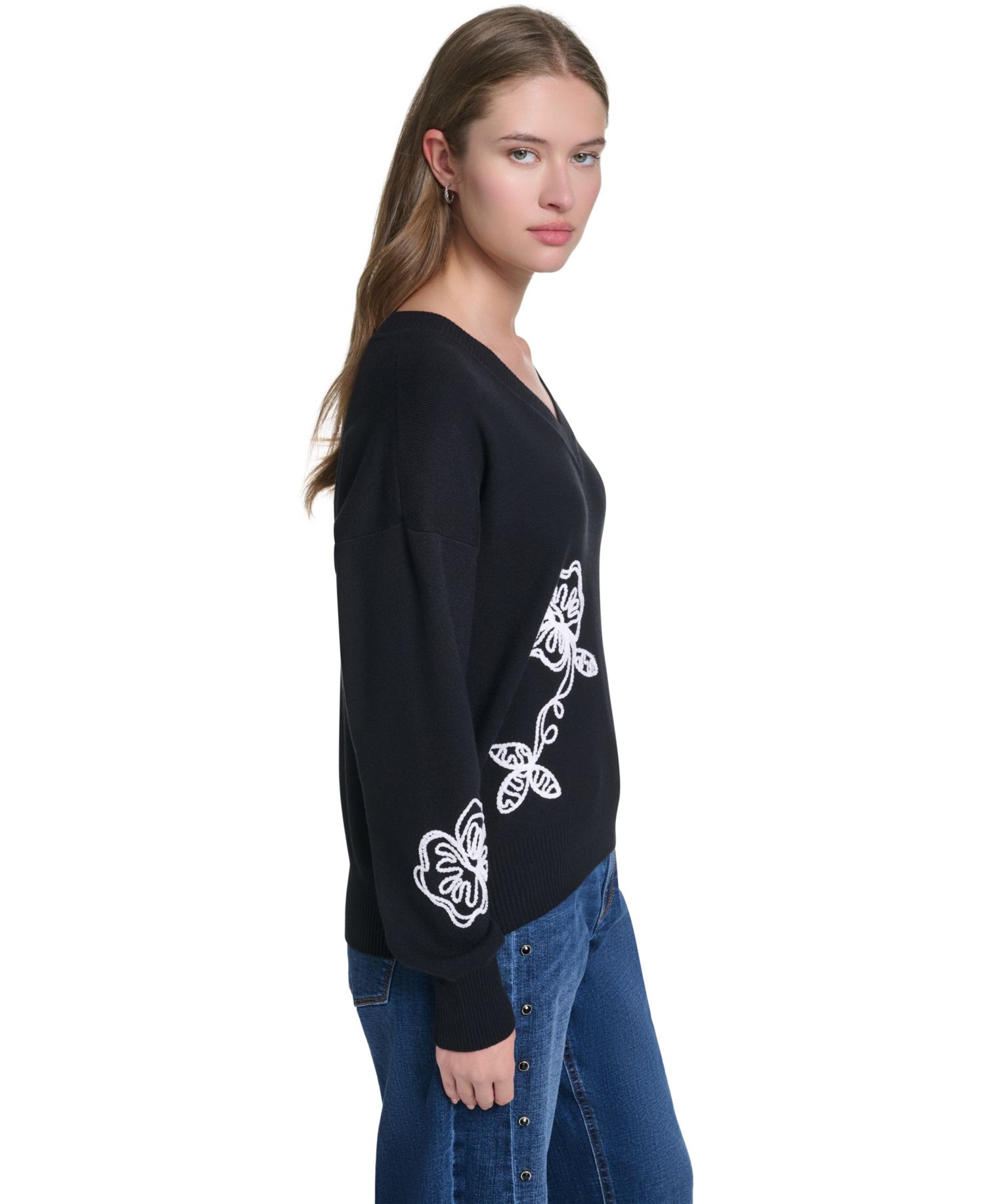 Women's Karl Floral Embroidery V-Neck Sweater