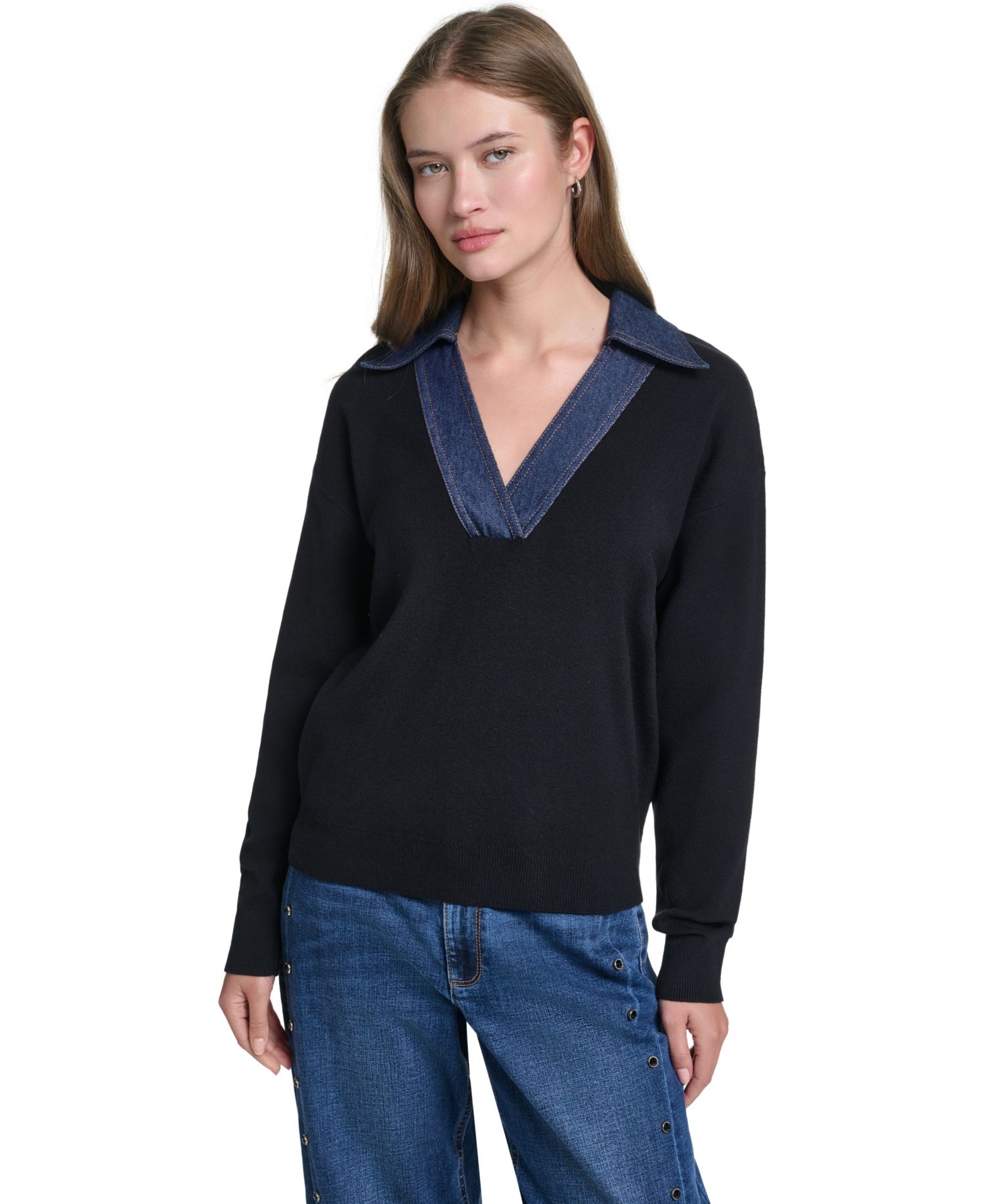 Women's Denim Collar V-Neck Sweater