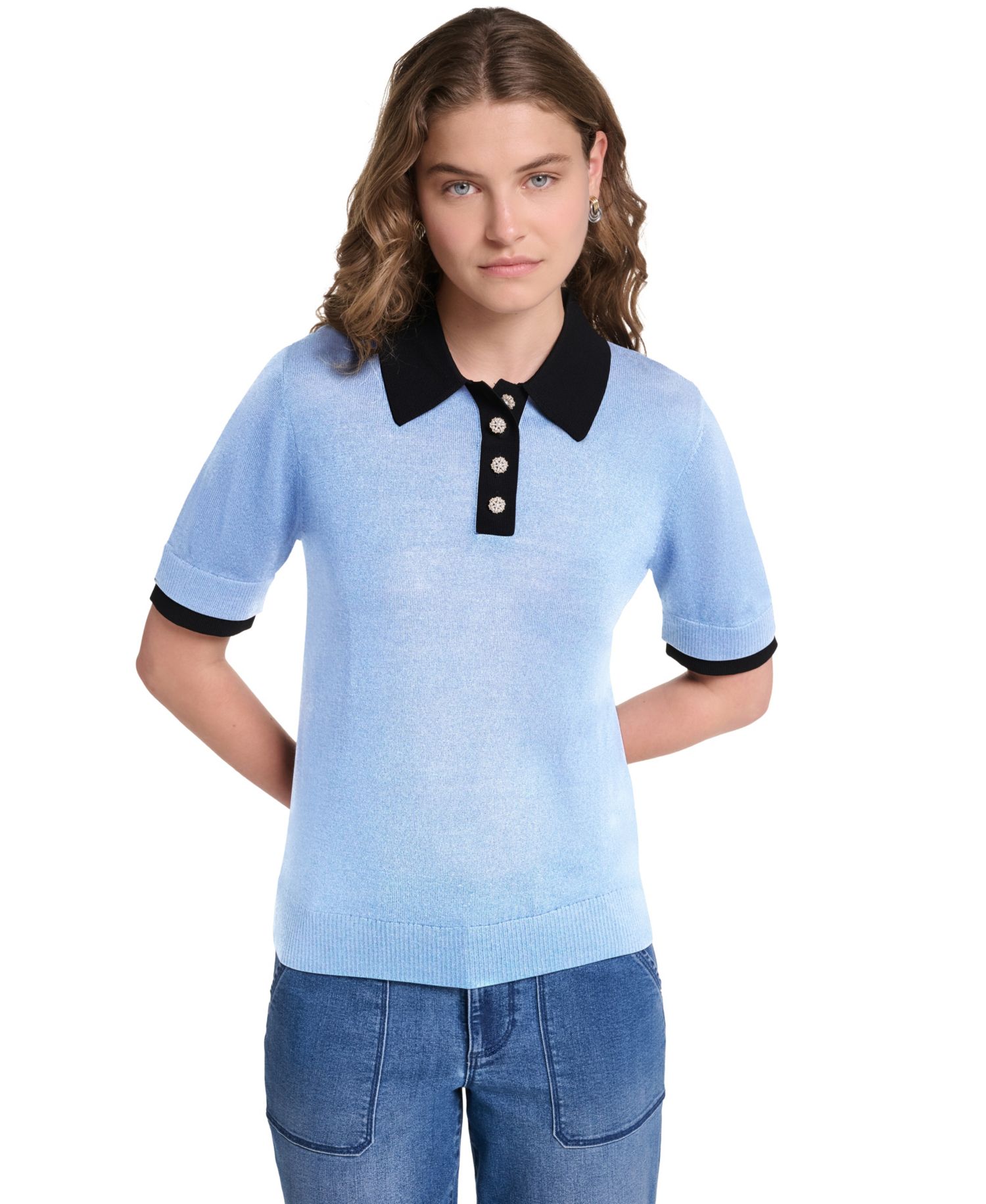 Petite Short-Sleeve Contrast Collar Sweater