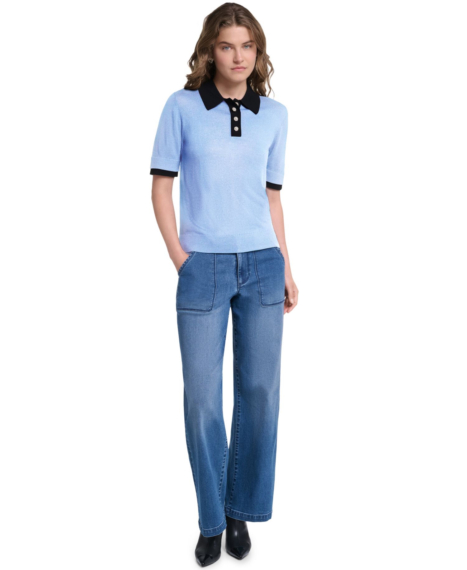 Petite Short-Sleeve Contrast Collar Sweater