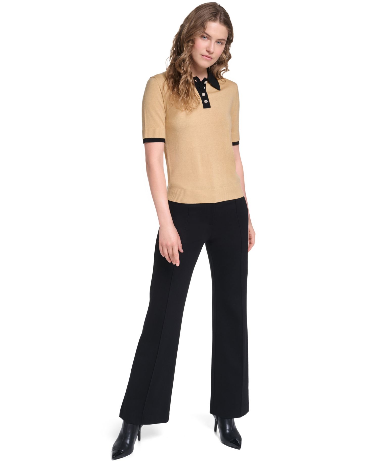 Petite Short-Sleeve Contrast Collar Sweater