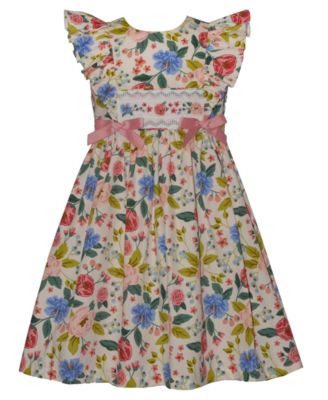 Girls' 2T-6X Floral Smocked Flutter-Sleeve Dress