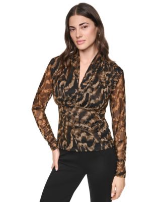 Women's Printed Mesh V-Neck Long-Sleeve Top