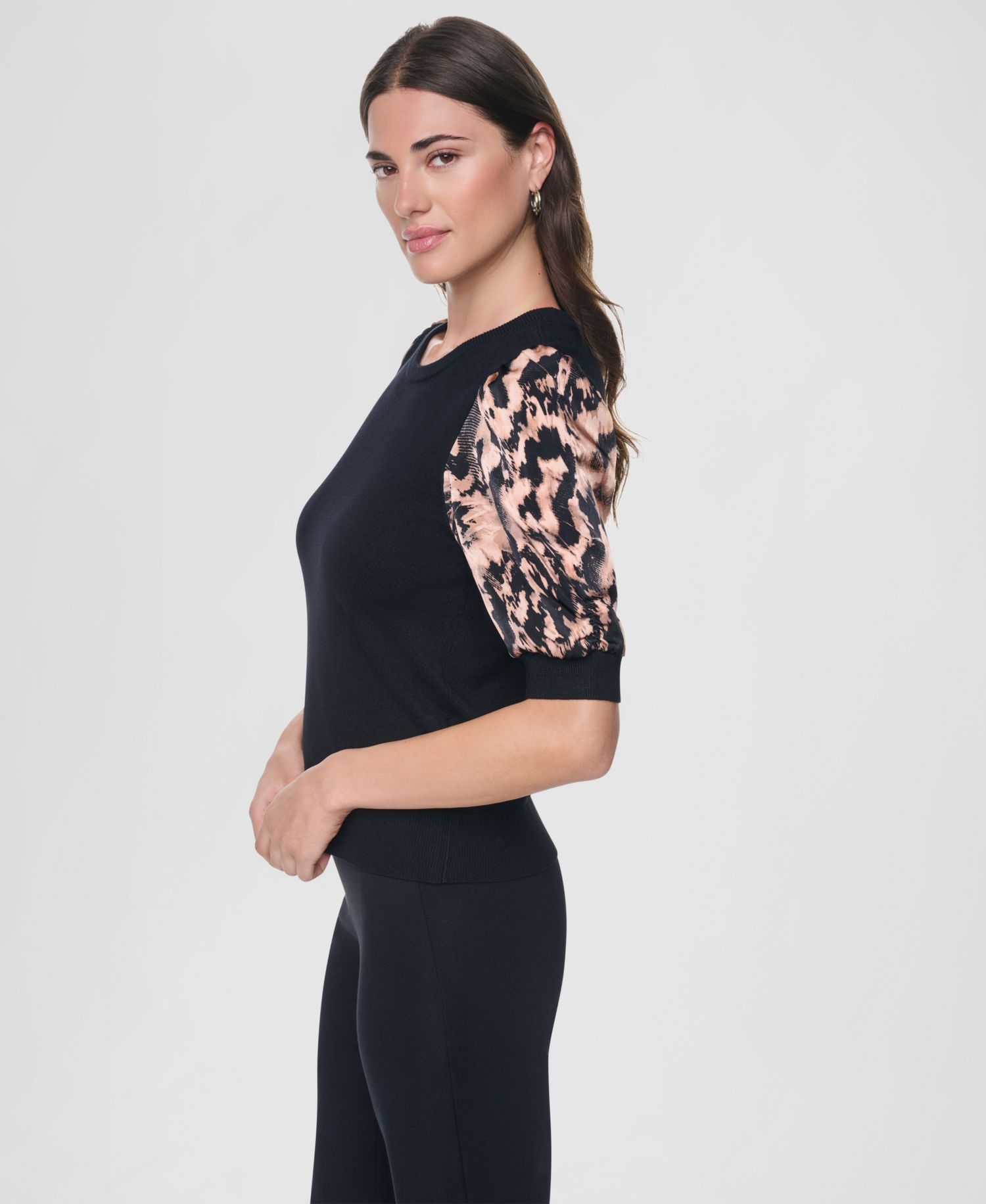 Women's Printed Twist-Sleeve Mix Media Sweater