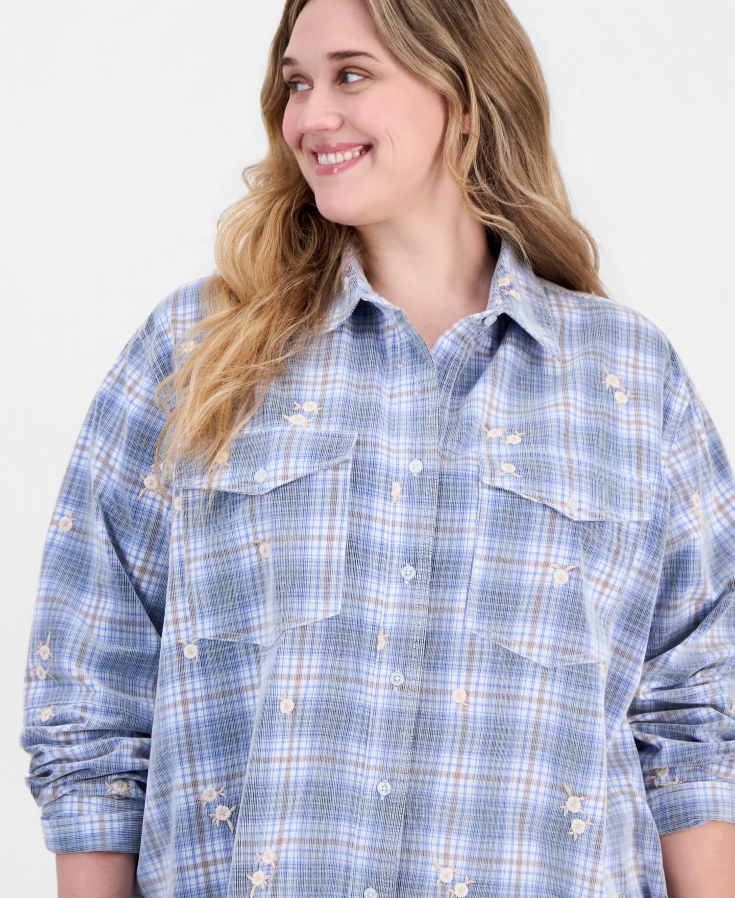 Trendy Plus Size Long-Sleeve Plaid Cord-Embroidered Blouse