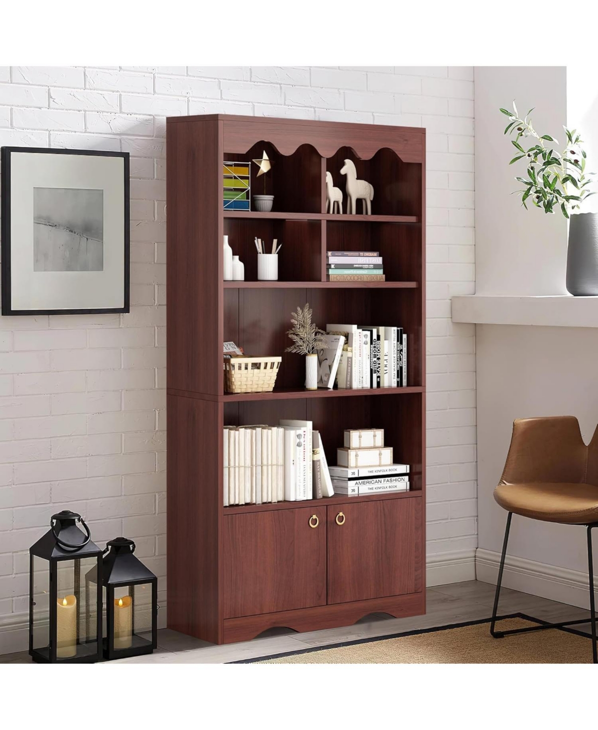 gaomon 5 Tier Bookshelf with Doors, Tall Bookshelves and Bookcases, Modern Wood Book Shelf, Freestanding Display Shelf Storage Organizer - Walnut