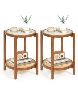 Room > End and Side Tables Gymax 2PCS Round Side Table w/Tempered Glass Top Storage Shelf Acacia Wood Legs