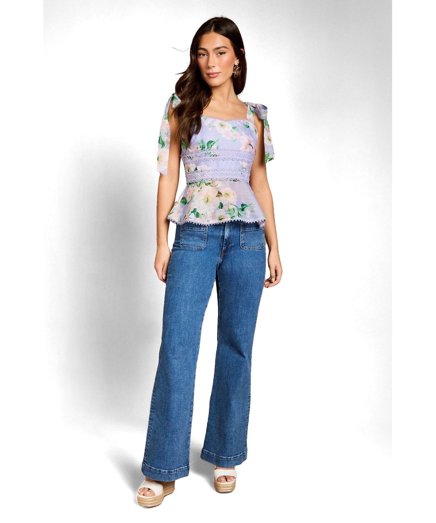 Women's Square Neck Bow Shoulder Peplum Top