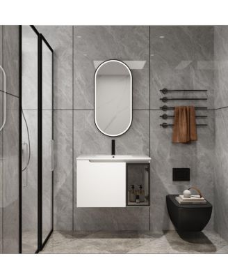 30" Wall-Mounted Glossy White Bathroom Vanity With Ceramic Sink, Glass Door, 2 Soft-Close Doors