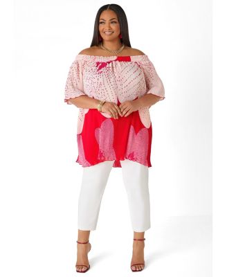 Women's Plus Size Off The Shoulder Floral Plisse Top