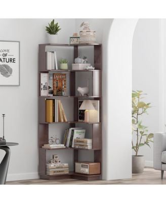 6 Tier Freestanding L-Shaped Corner Bookshelf, Wooden Bookcase Display Shelf Open storage rack Organizer