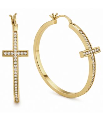 Cubic Zirconia Gold-Tone Plated Cross Hoop Earrings