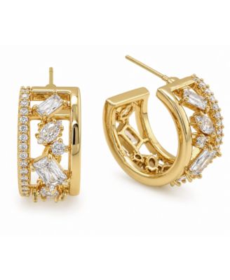 Cubic Zirconia Gold-Tone Plated Multi Stone Shape Hoop Earrings