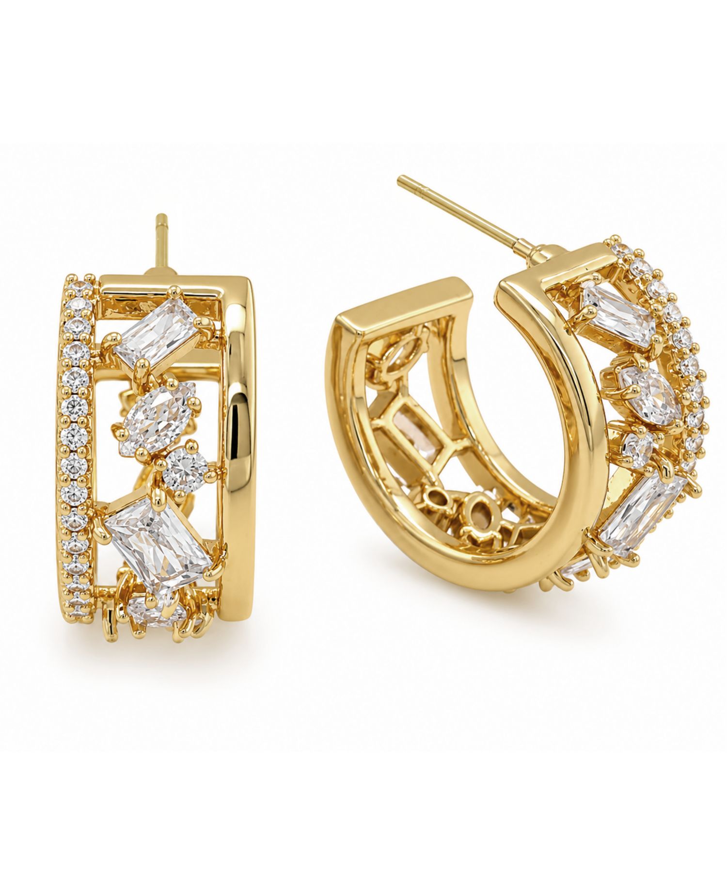 Cubic Zirconia Gold-Tone Plated Multi Stone Shape Hoop Earrings