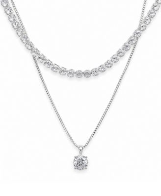 Cubic Zirconia Fine Silver-Tone Plated Double Strand Tennis Pendant Necklace