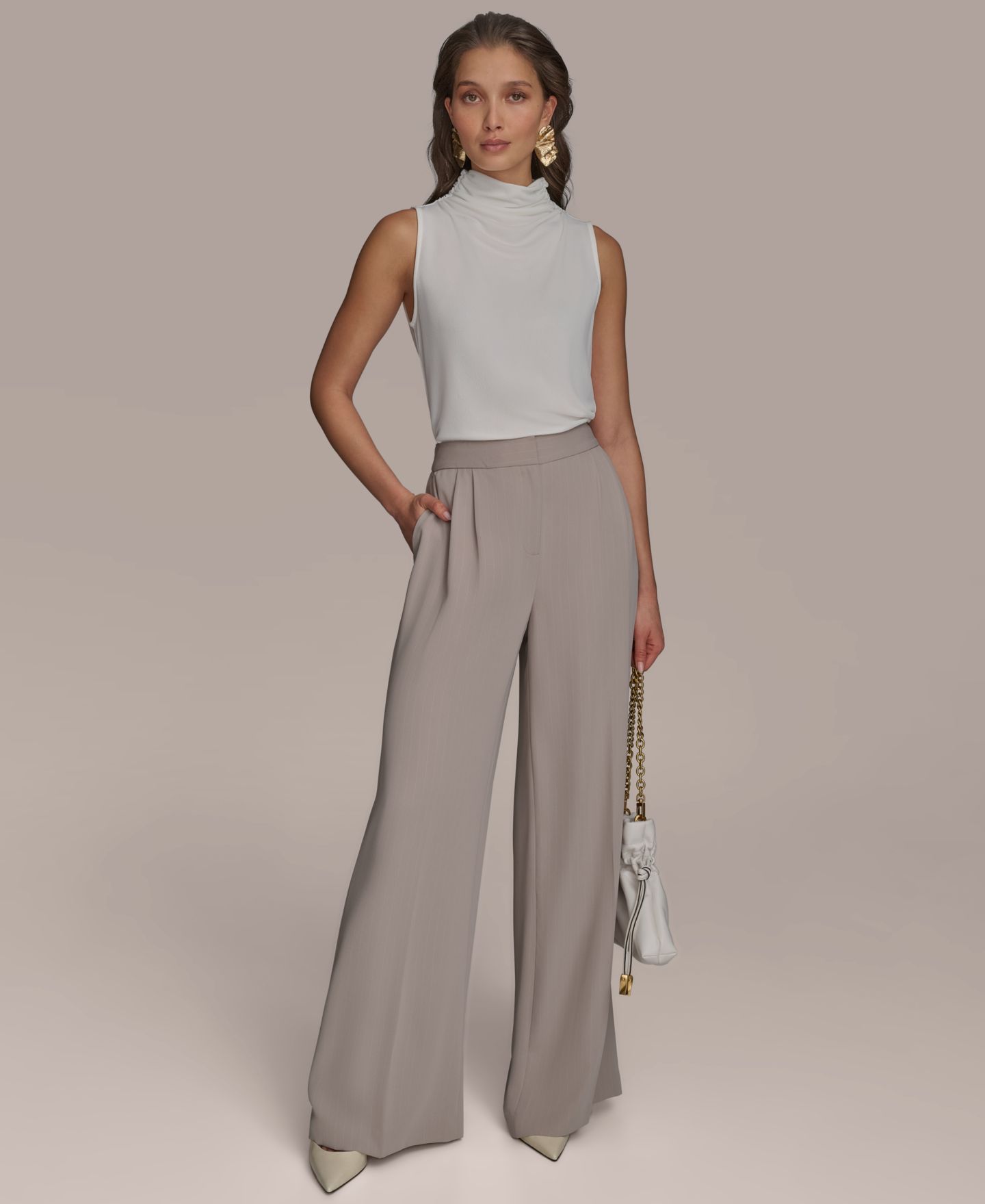 Женские брюки Donna Karan New York Petite Pinstripe Wide-Leg, цвет: Кремовый полосатый — фото 6