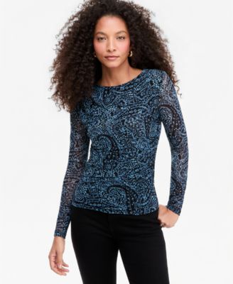 Women's Ruched Mesh Long-Sleeve Crewneck T-Shirt