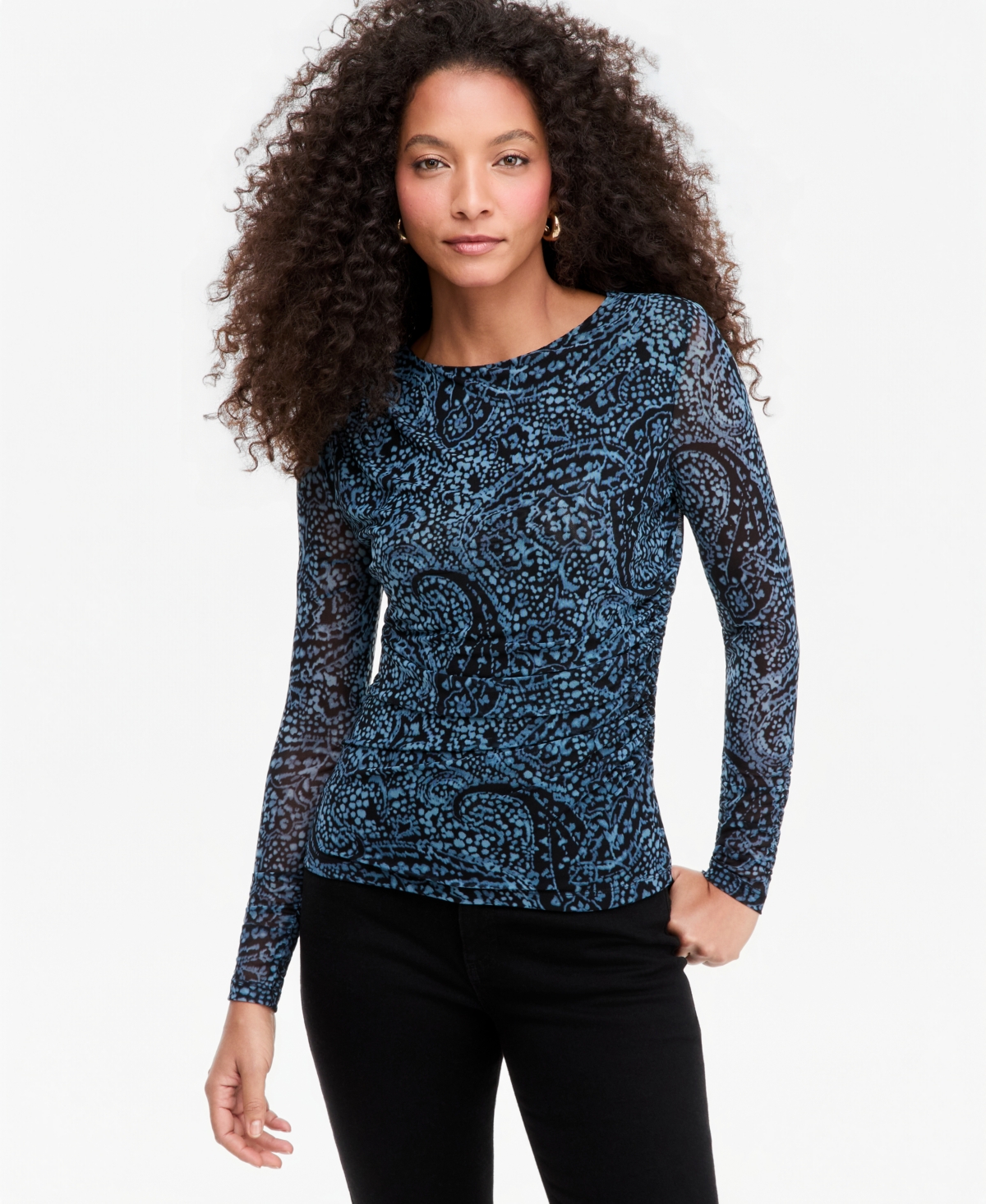 I.n.c. International Concepts Women's Ruched Mesh Long-Sleeve Crewneck Top, Macy's Exclusive - Blue Paisley