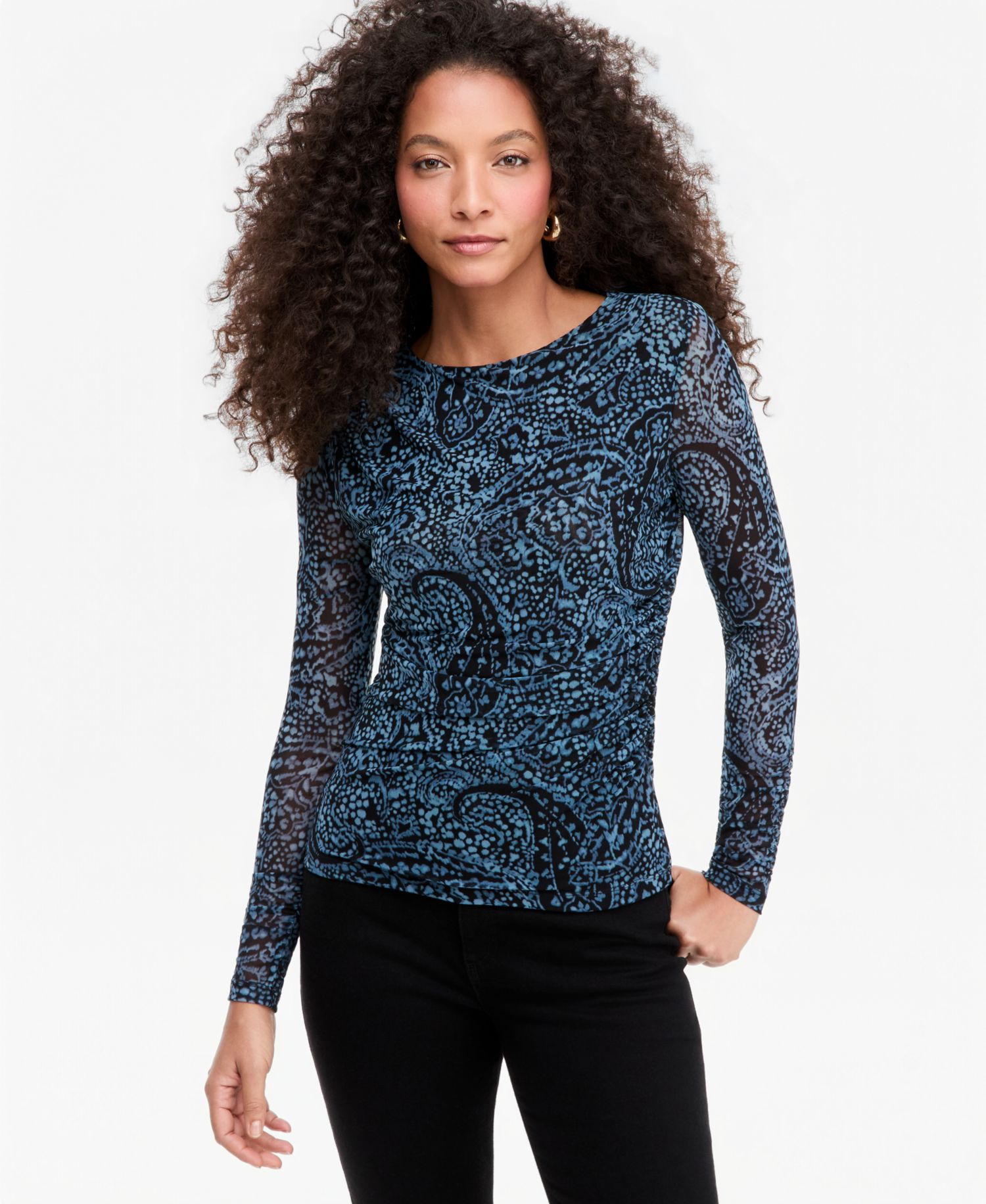 Women's Ruched Mesh Long-Sleeve Crewneck T-Shirt