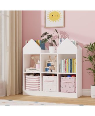 toy storage organizer with book racks and open cubbies, castle design kids bookshelf, toddler toy chest for playroom, nursery, daycare use