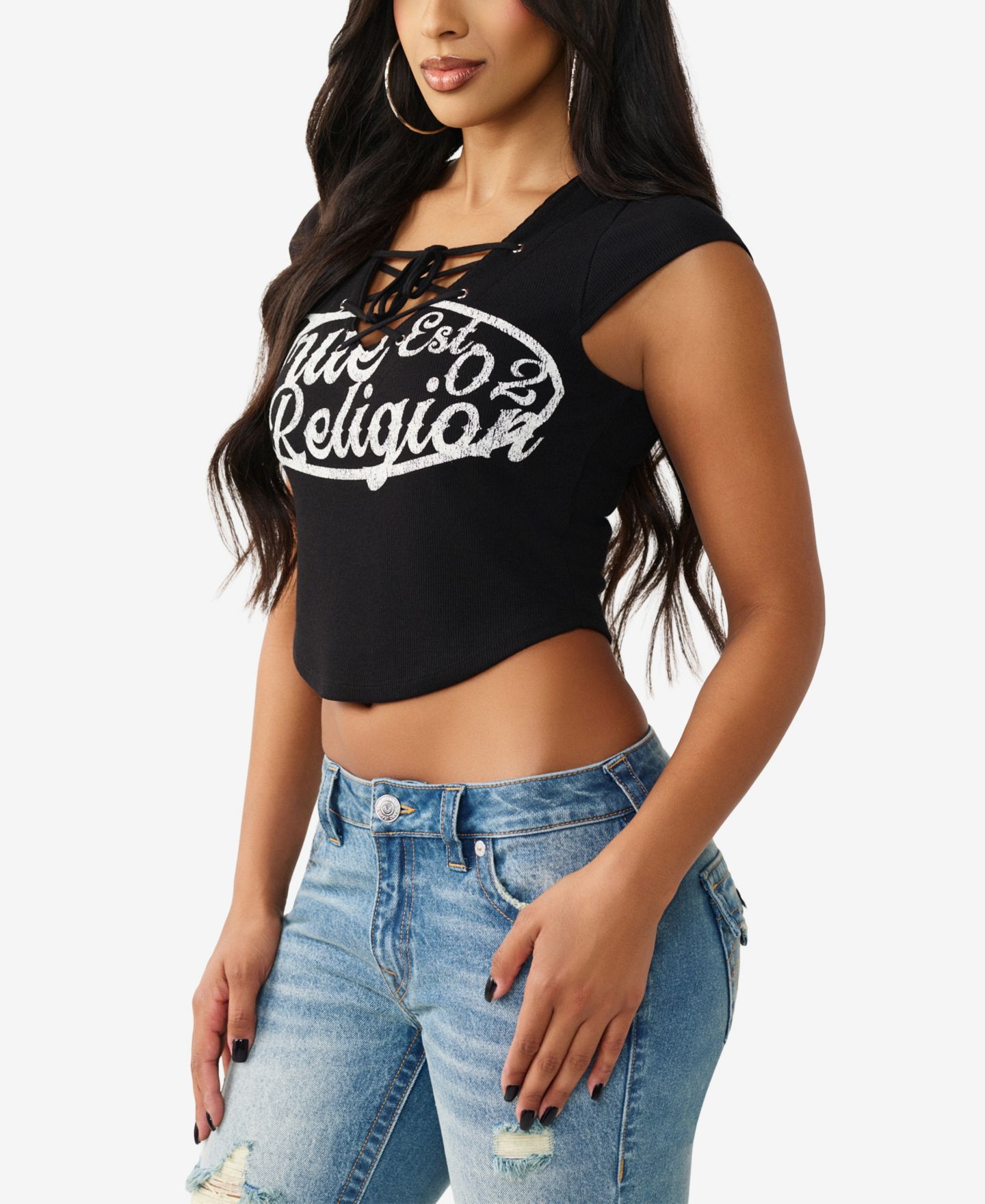 Женский топ True Religion Lace-Up Cap-Sleeve Rib, цвет: Угольно-чёрный — фото 2