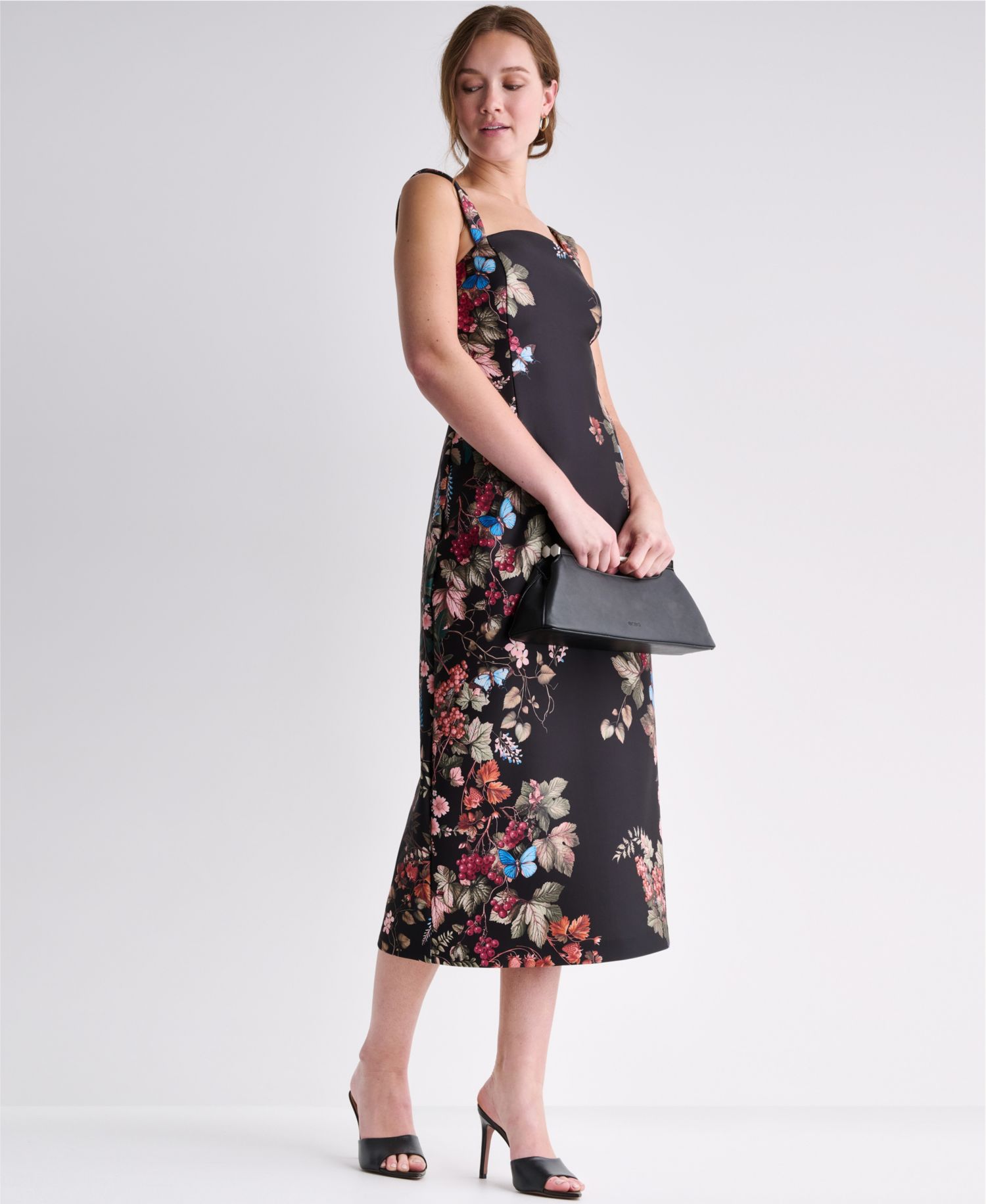 Women's Floral Print Square Neck Satin Midi Dress