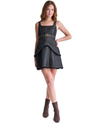 Women's Denim Square Neck Belted Fringe Mini Dress