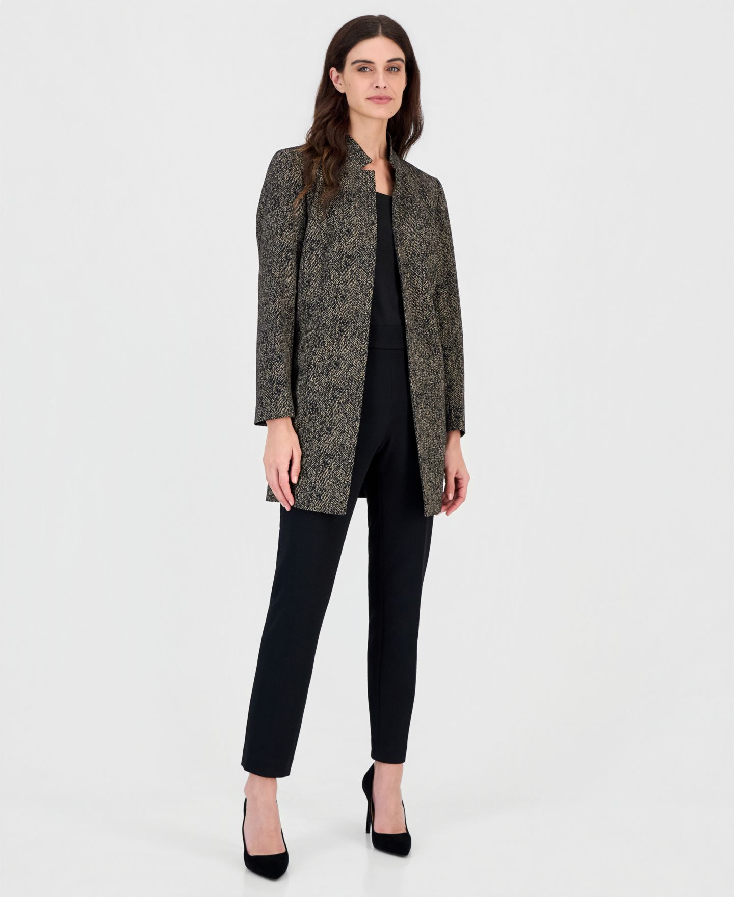 Женские пиджаки Kasper Stand-Collar Jacquard Geometric-Print Blazer, цвет: Чёрный разноцветный — фото 3